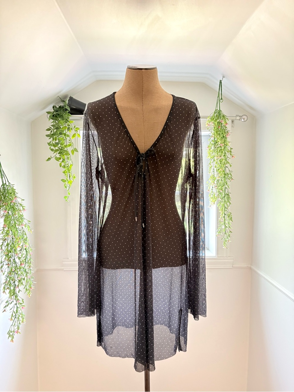 Sheer Black Polka Dot Tie-Front Coverup
